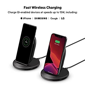Belkin Wireless Charging Stand - 15W Qi-Certified Charger Stand for iPhone, Samsung Galaxy, Google Pixel & More - Charge While Listening to Music & Streaming (Power Supply Included) 15W Stand black