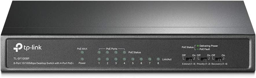 TP-Link TL-SF1008P | 8 Port 10/100Mbps PoE Switch | 4 PoE+ Ports @66W | Desktop | Plug & Play | Sturdy Metal Casing | Fanless | Limited Lifetime Protection | Extend & Priority Mode | PoE Auto Recovery 8 Port w/ 4-Port PoE+