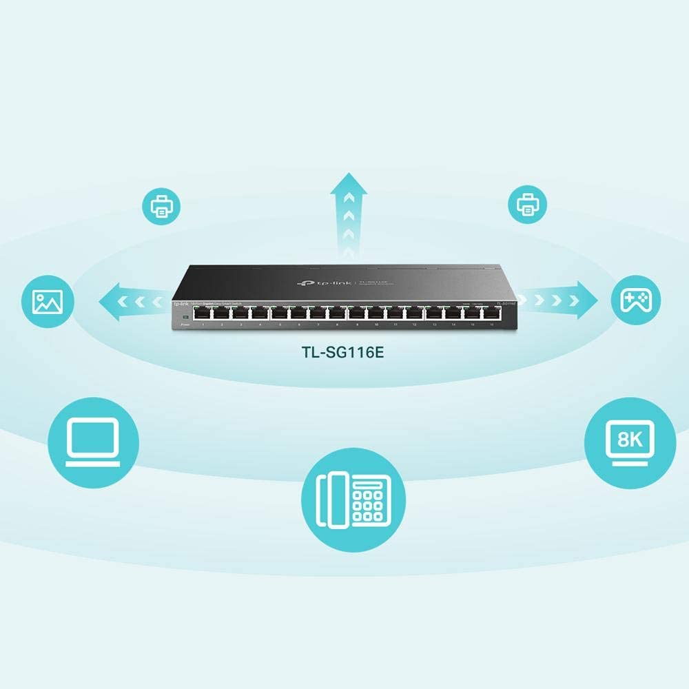 TP-Link 16 Port Gigabit Switch Easy Smart Managed Plug & Play Limited Lifetime Protection Desktop/Wall-Mount Sturdy Metal w/ Shielded Ports Support QoS, Vlan, IGMP and LAG (TL-SG116E) 16 Port w/ Enhanced Features