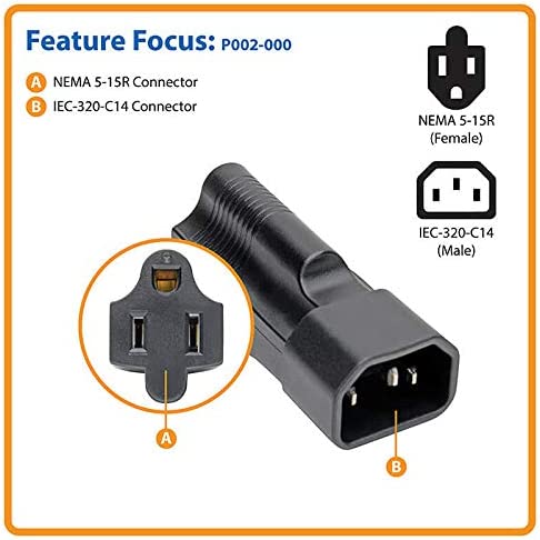 Tripp Lite Power Cord Adapter (NEMA 5-15R to C14 Adapter), 10A, 125V, Black (P002-000)