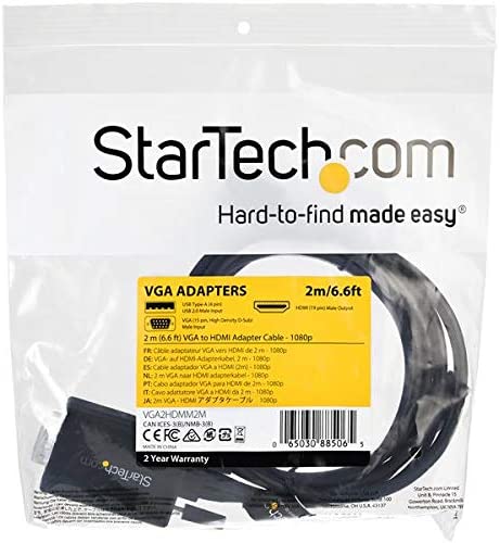 StarTech.com 2m VGA to HDMI Converter Cable with USB Audio Support & Power - Analog to Digital Video Adapter Cable to connect a VGA PC to HDMI Display - 1080p Male to Male Monitor Cable (VGA2HDMM2M)
