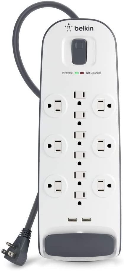 Belkin USB Power Strip Surge Protector - 12 AC Multiple Outlets & 2 USB Ports - 6 ft Long Flat Plug Extension Cord for Home, Office, Travel, Computer Desktop & Charging Brick - White (3,996 Joules) 1 Pack Power Strip