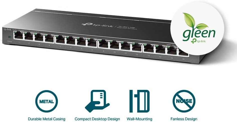 TP-Link 16 Port Gigabit Switch Easy Smart Managed Plug & Play Limited Lifetime Protection Desktop/Wall-Mount Sturdy Metal w/ Shielded Ports Support QoS, Vlan, IGMP and LAG (TL-SG116E) 16 Port w/ Enhanced Features