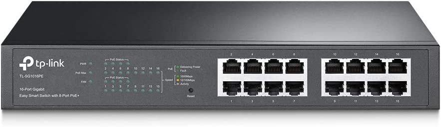 TP-Link TL-SG1016PE V3 , 16 Port Gigabit PoE Switch , Easy Smart Managed , 8 PoE+ Ports @150W , Plug & Play , Sturdy Metal w/ Shielded Ports , QoS, Vlan, IGMP & LAG , Limited Lifetime Protection Easy Smart 16 Port w/8 PoE+ Port