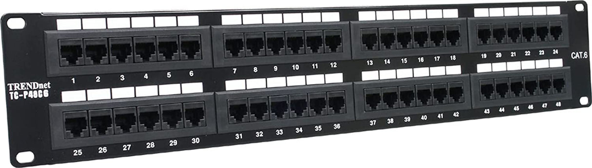 TRENDnet 48-Port Cat6 Unshielded Patch Panel, Wallmount or Rackmount, Compatible with Cat3,4,5,5e,6 Cabling, for Ethernet, Fast Ethernet, Gigabit Applications, Black, TC-P48C6 48 Port