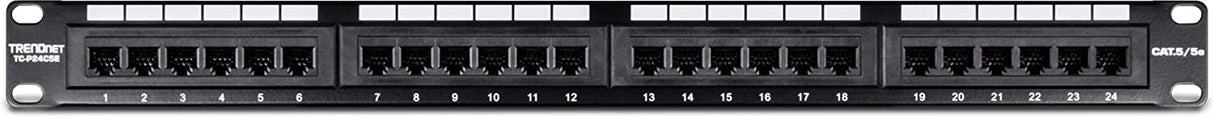 TRENDnet 24-Port Cat5-5e RJ-45 UTP Unshielded Patch Panel, Wallmount or Rackmount, 100Mhz, Color-Coded Labeling, Cat5,Cat5e,Cat4,Cat3 Compatible, 1U Rackmount, Black, TC-P24C5E