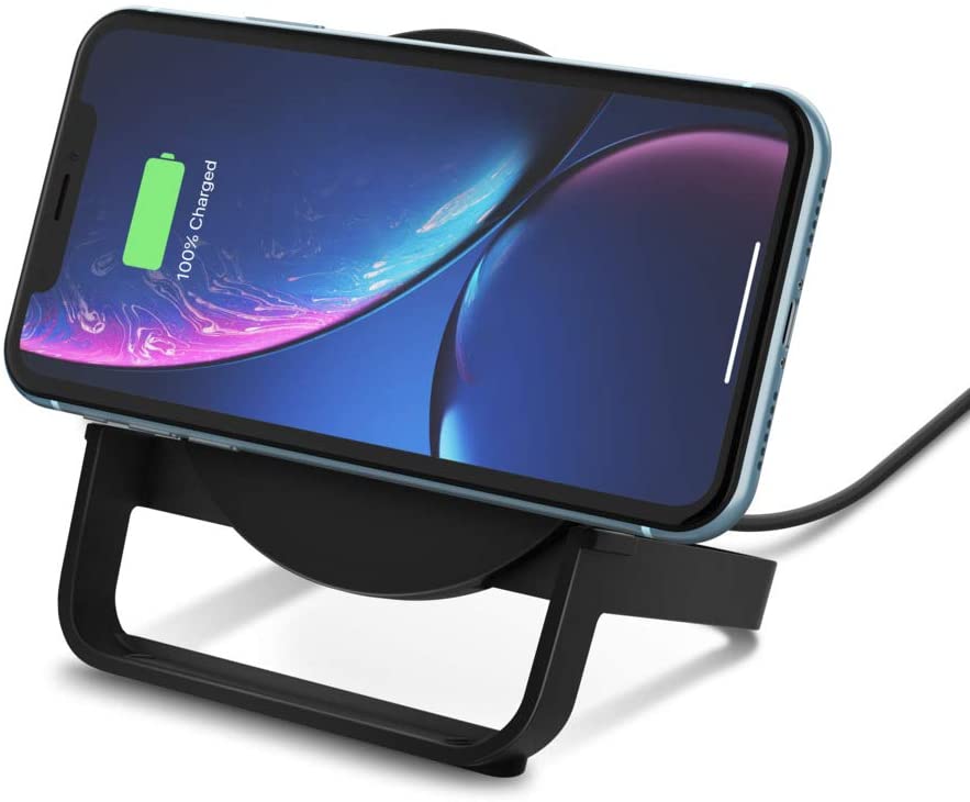 Belkin BoostCharge 10W Fast Wireless Charging Stand, Includes QuickCharge 3.0 Wall Charger and Cable, Case Compatible for iPhones, Galaxy, Pixel and Other Qi Enabled Devices (includes AC adapter)