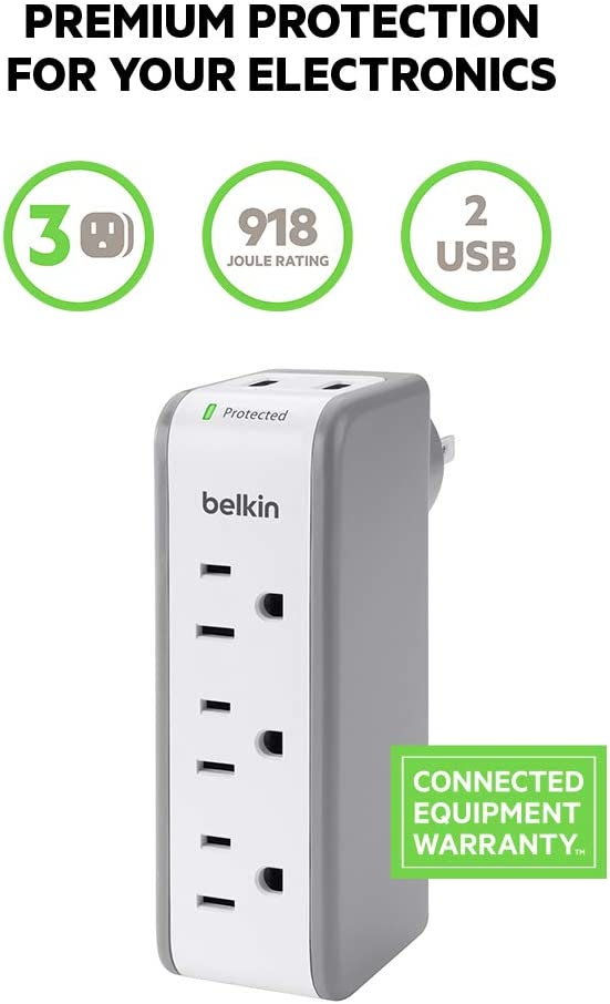 Belkin Wall Mount Surge Protector - 3 AC Multi Outlets & 2 USB Charger Ports - Heavy Duty Flat Rotating Plug for Home, Office, Travel, Computer Desktop & Phone Charging Brick (918 Joules) 1 Amp Surge Protector