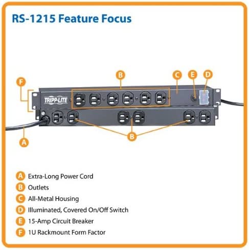 Tripp Lite 12 Outlet Rackmount Network-Grade PDU Power Strip, Front & Rear Facing, 15A, 15ft Cord with 5-15P Plug (RS-1215) 15A Single