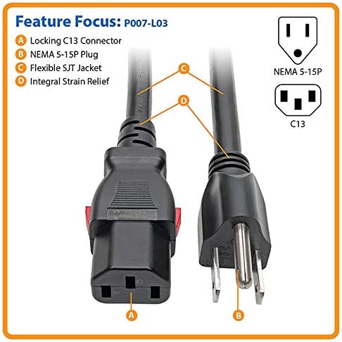 Tripp Lite Computer Power Cord (NEMA 5-15P to C13 Power Cord), Heavy Duty, Locking C13 Connector, 15A, 125V, 14AWG, 3 ft. (P007-L03)
