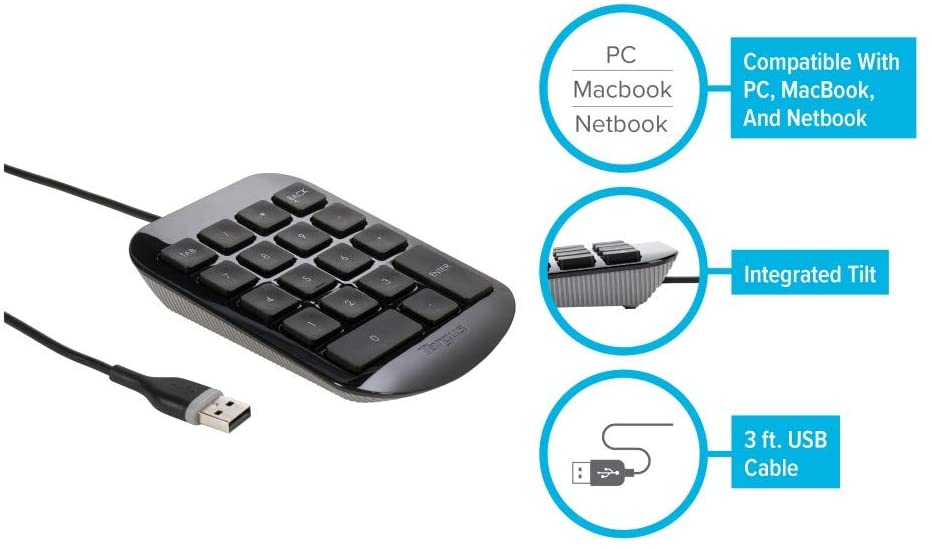 Targus Numeric Keypad with USB Port Connector, True Plug-and-Play Device, Connects with Laptop, Desktop and Other Devices, Black (AKP10US) Black/gray