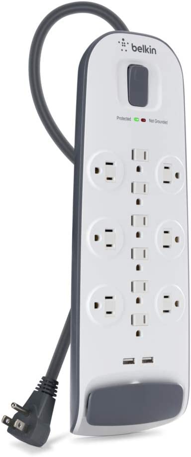 Belkin USB Power Strip Surge Protector - 12 AC Multiple Outlets & 2 USB Ports - 6 ft Long Flat Plug Extension Cord for Home, Office, Travel, Computer Desktop & Charging Brick - White (3,996 Joules) 1 Pack Power Strip