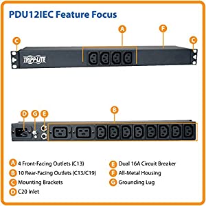 Tripp Lite 14 Outlet 1U Rack Mount PDU for Network Server Racks 100-240V 16A C13 C19 C20 PDU12IEC