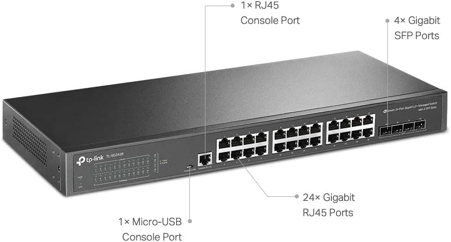 TP-Link TL-SG3428 | 24 Port Gigabit Switch, 4 SFP Slots | Omada SDN Integrated | L2+ Smart Managed | IPv6 | Static Routing | L2/L3/L4 QoS, IGMP & LAG | Limited Lifetime Protection 24 Port + 4 SFP Slots