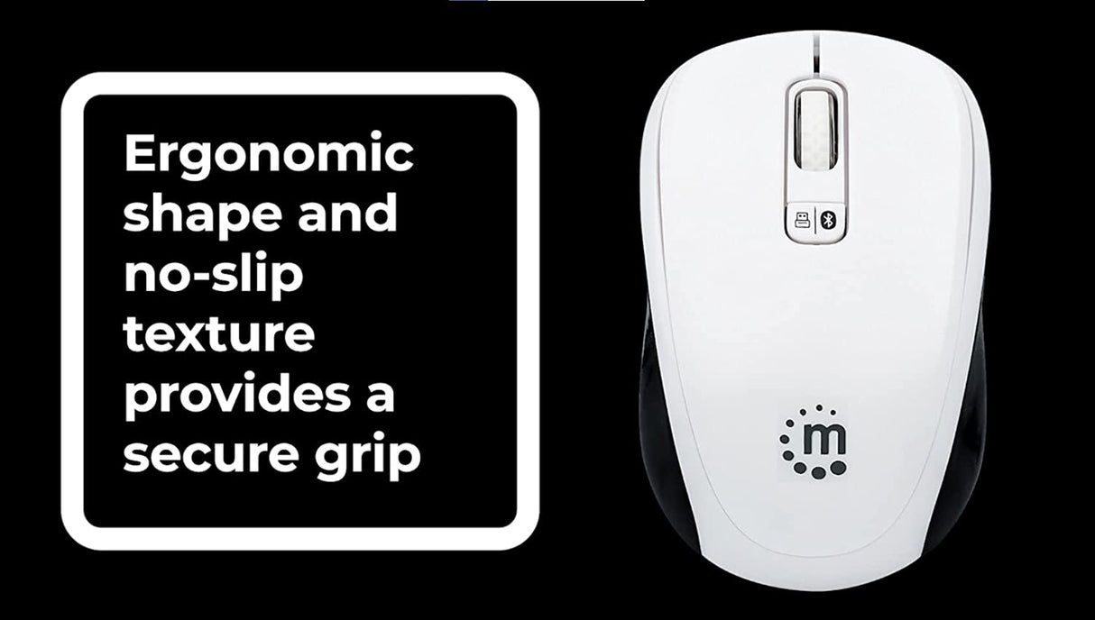 Manhattan Ergonomic Wireless & Bluetooth Mouse - with 800 / 1200 / 1600 dpi, 3 Buttons with Scroll Wheel, Auto Power Management - for Mac, Laptops, Computers – 3 Yr Mfg Warranty- Black & White, 179645