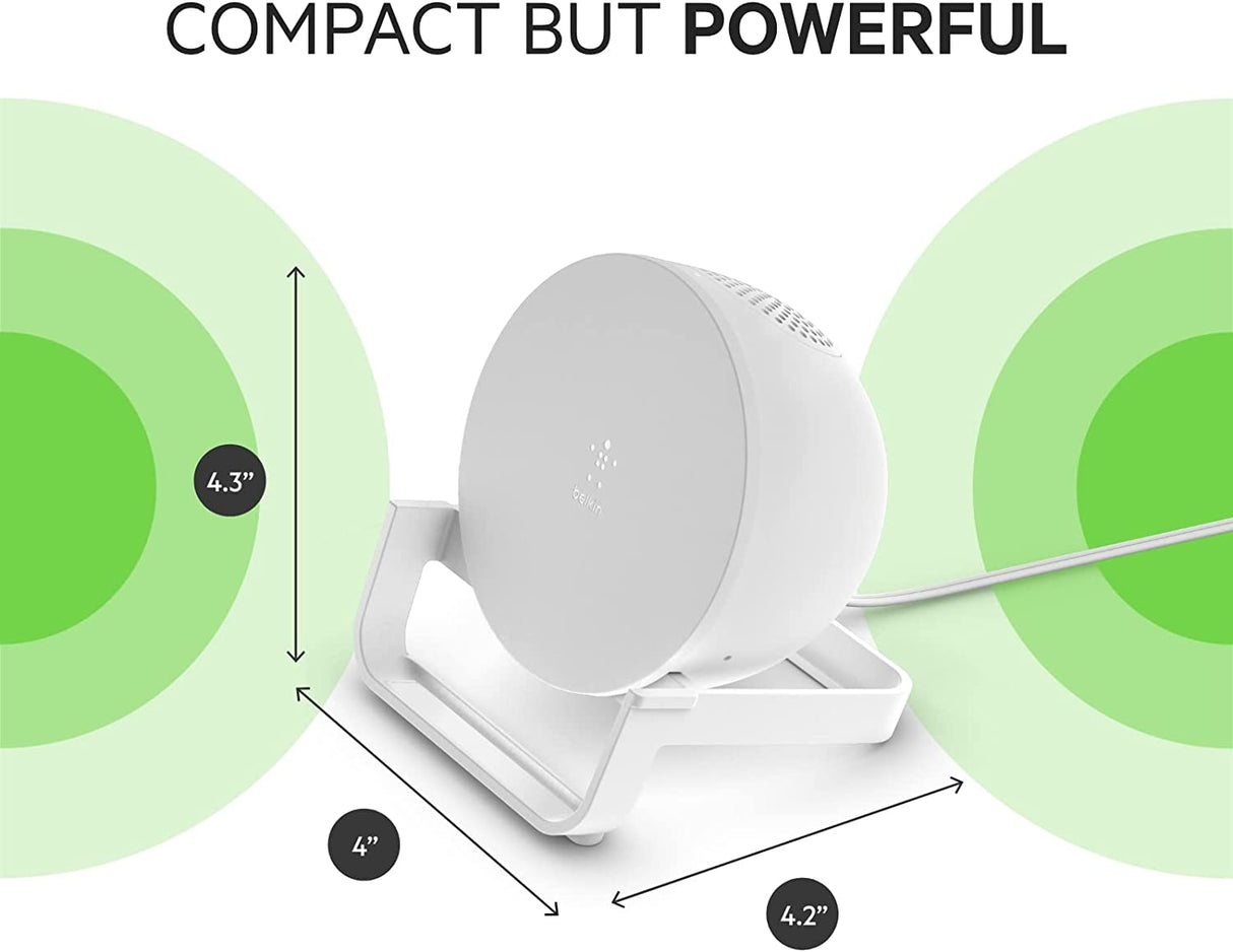 Belkin Wireless Charging Speaker (Wireless Charging Stand + Bluetooth Speaker Charger) Charge While Listening to Music, Streaming Videos, Video Calls, White (AUF001ttWH)