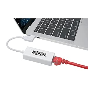 Tripp Lite Right Angle USB C to Ethernet Adapter, Thunderbolt 3 to Ethernet Adapter, Gigabit Ethernet Adapter, USB 3.1 Gen 1, 10/100/1000 Mbps, White (U436-06N-GBW-RA)