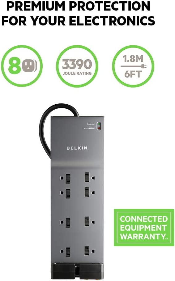 Belkin Power Strip Surge Protector with 8 Outlets, 6 ft Long Flat Plug Heavy Duty Extension Cord + Overload Protection for Home, Office, Travel, Compuer Desktop & Phone Charging Brick (3,550 Joules) 1 Pack