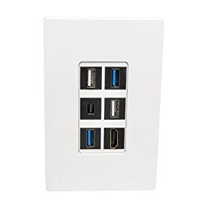 Tripp Lite N080-106 Single-Gang 6-Port Universal Keystone Wall Plate, Cat5/6/6a, USB, HDMI, DisplayPort, RCA, White 6-Port Wall-Plate