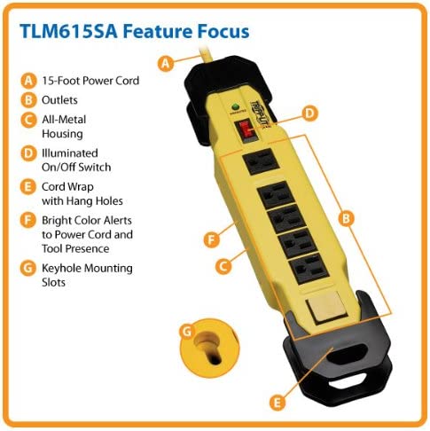 Tripp Lite 6 Outlet Industrial Safety Surge Protector Power Strip, 15ft Cord, Cord Wrap & Hang Holes, Metal, Lifetime Limited Warranty & $75K INSURANCE (TLM615SA) Black/Yellow 15.ft