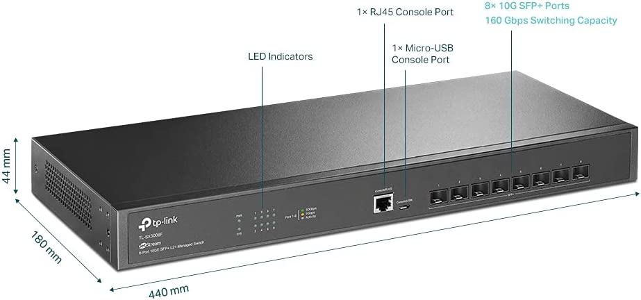 TP-Link TL-SX3008F | 8 Port 10G SFP+ Enterprise Level Switch | L2+ Smart Managed | Omada SDN Integrated | IPv6 | Static Routing | L2/L3/L4 QoS, IGMP & LAG | Limited Lifetime Protection 8 Port w/ 8 10GE SFP+