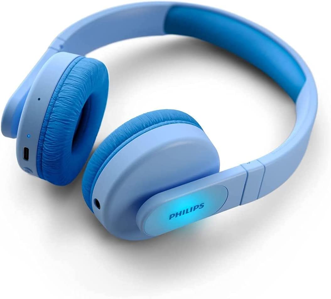 Philips K4206 Kids Wireless On-Ear Headphones, Bluetooth + Cable Connection, 85dB Limit for Safer Hearing, Built-in Mic, 28 Hours Play time, Parental Controls via Philips Headphones Blue Adjustable headband for kids Wireless with mic