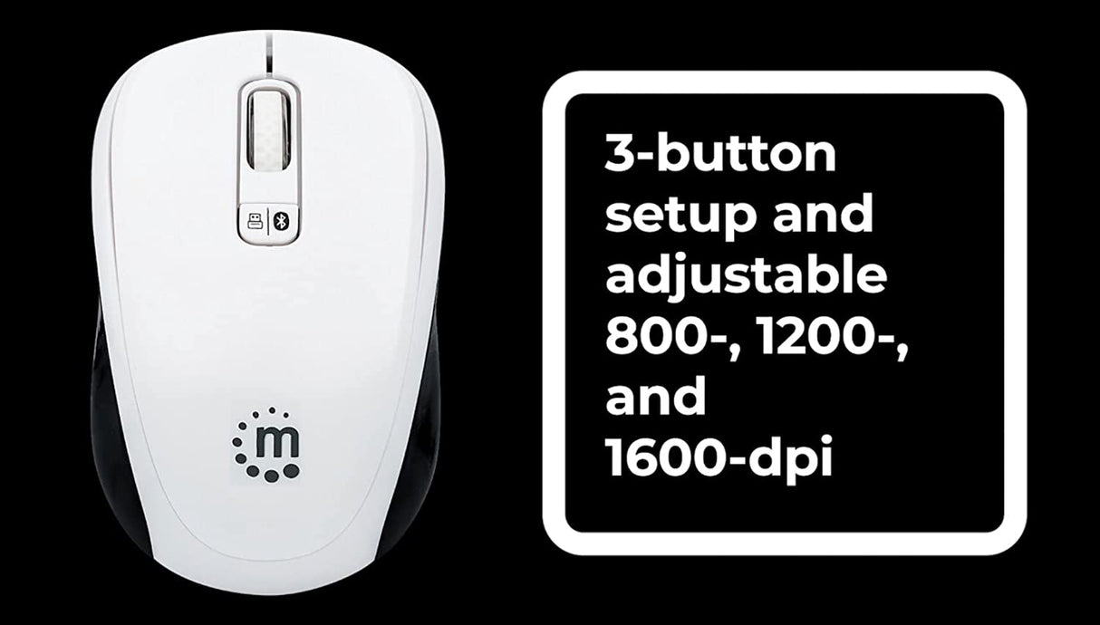 Manhattan Ergonomic Wireless & Bluetooth Mouse - with 800 / 1200 / 1600 dpi, 3 Buttons with Scroll Wheel, Auto Power Management - for Mac, Laptops, Computers – 3 Yr Mfg Warranty- Black & White, 179645