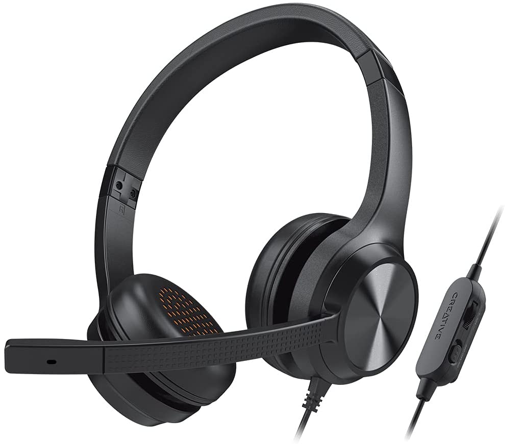 Creative Chat - 3.5 mm Stereo On-Ear Headset with Retractable Noise-Cancelling Condenser Mic, Mic Mute Switch, Volume Control Dial, for Work Calls on PC, Mac, and Mobile Devices