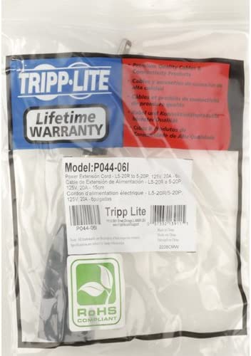 Tripp Lite Heavy-Duty Power Adapter Cord 20A, 12AWG (NEMA-L5-20R to NEMA-5-20P) 6-in.(P044-06I) Black