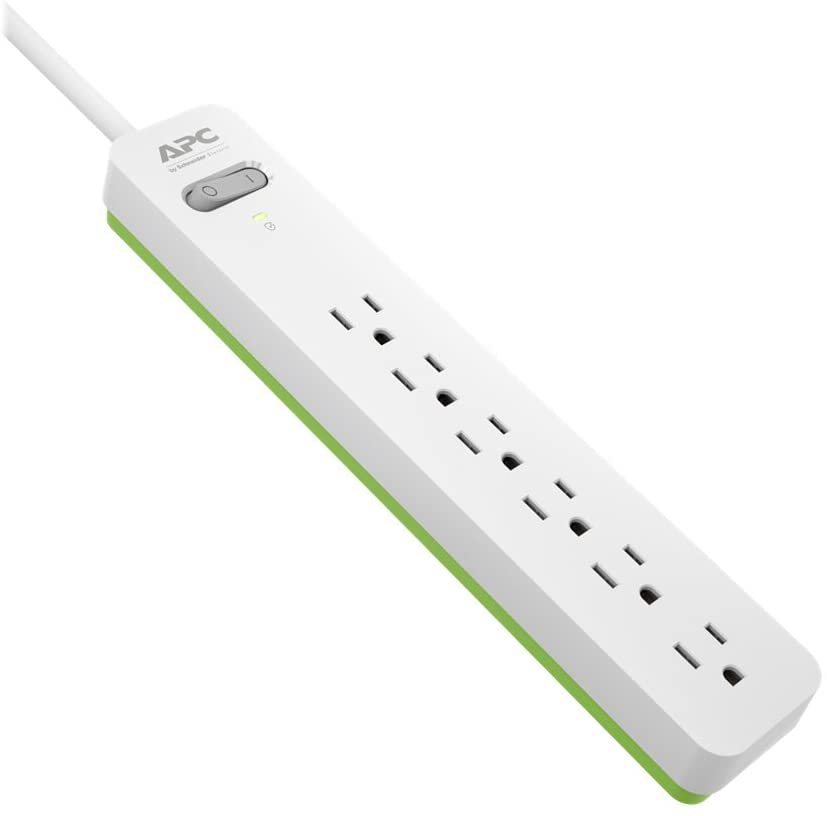 Surge Protector Power Strip, APC PE66W, 1080 Joule, Flat Plug, 6 Outlet Power Cord Strip White/Green White/Green 6 Outlet Outlet Only Power Strip