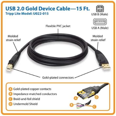 Tripp Lite USB 2.0 High-Speed Cable, Type-A to Type-B (M/M), 15-ft. (U022-015) 15 ft.