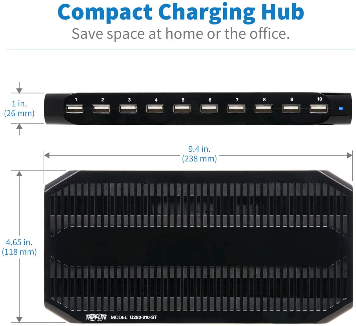 TRIPP LITE 10-Port USB Charging Station Dock with Storage Slots for Tablet iPhone iPad & Laptops (U280-010-ST),Black