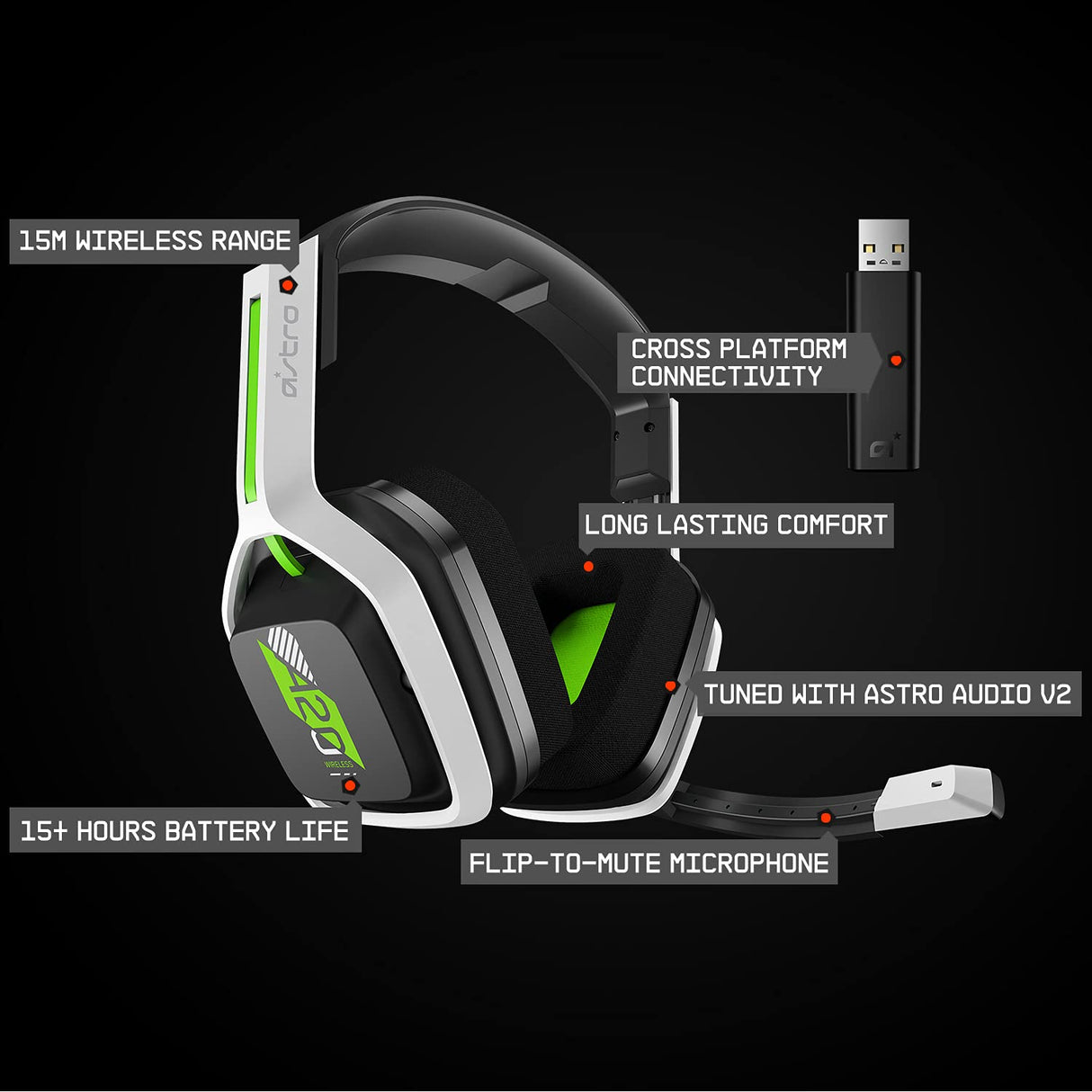 ASTRO Gaming A20 Wireless Headset Gen 2 for Xbox Series X | S, Xbox One, PC & Mac - White /Green Xbox Series X/S, PC/Mac Headset Only