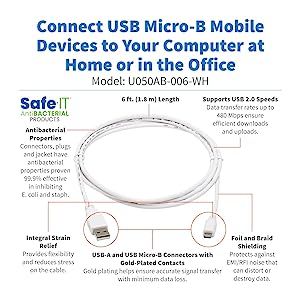 Tripp Lite, Safe-IT, USB-A to USB Micro-B USB 2.0, Male-to-Male Cable, PVC VW-1 Jacket, White, 6 Feet / 1.83 Meters, Limited Life Manufacturer's Warranty (U050AB-006-WH) USB-A to USB Micro-B 6 Feet / 1.83 Meters