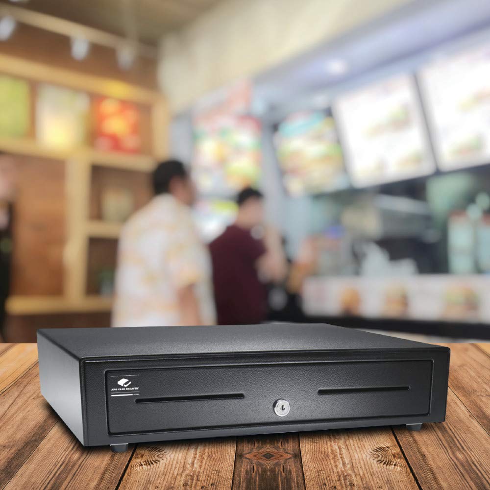 APG Standard- Duty 16” Electronic Point of Sale Cash Drawer | Vasario Series VB320-1-BL1616-B10 | with CD-101A Cable | Printer Compatible | Plastic Till with 5 Bill/ 8 Coin Compartments | Black Printer-Driven 24V (with Cable) - Black 16" - 5x8