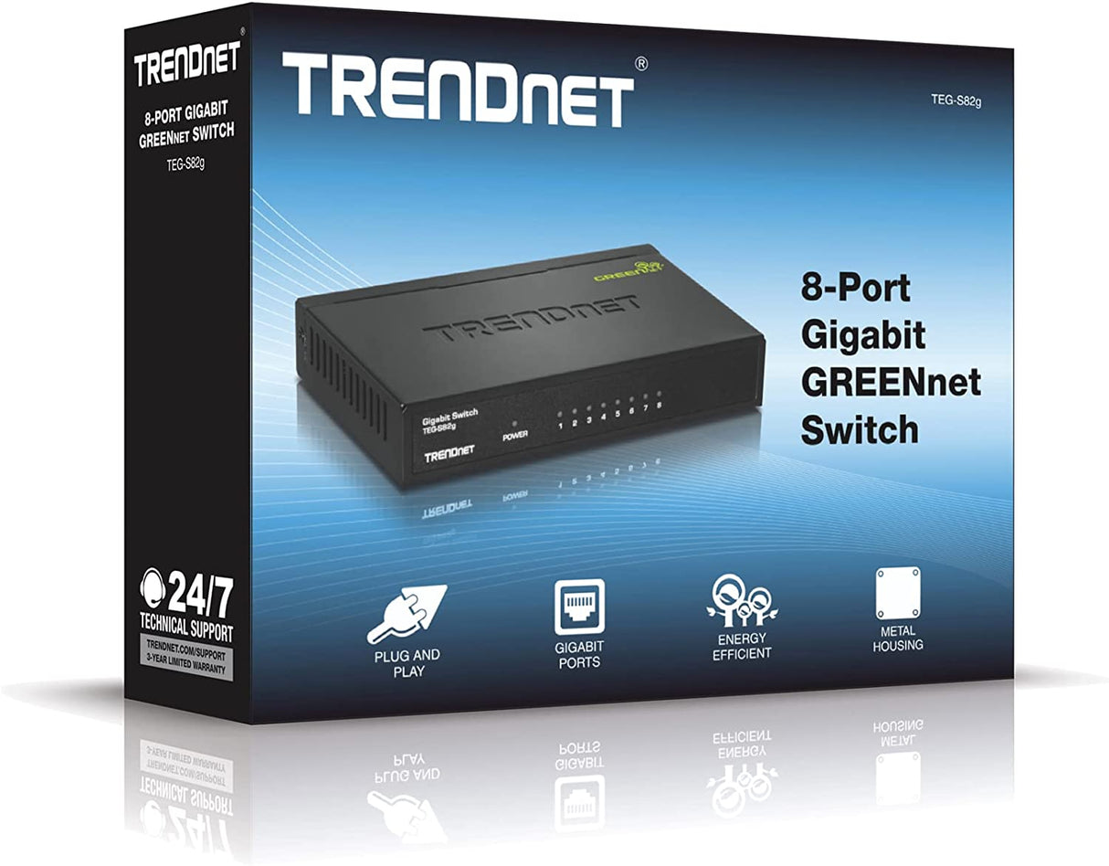 TRENDnet 8-Port Gigabit GREENnet Switch, Ethernet Network Switch, 8 x 10-100-1000 Mbps Gigabit Ethernet Ports, 16 Gbps Switching Capacity, Metal, Lifetime Protection, Black, TEG-S82G 8-Port Unmanaged