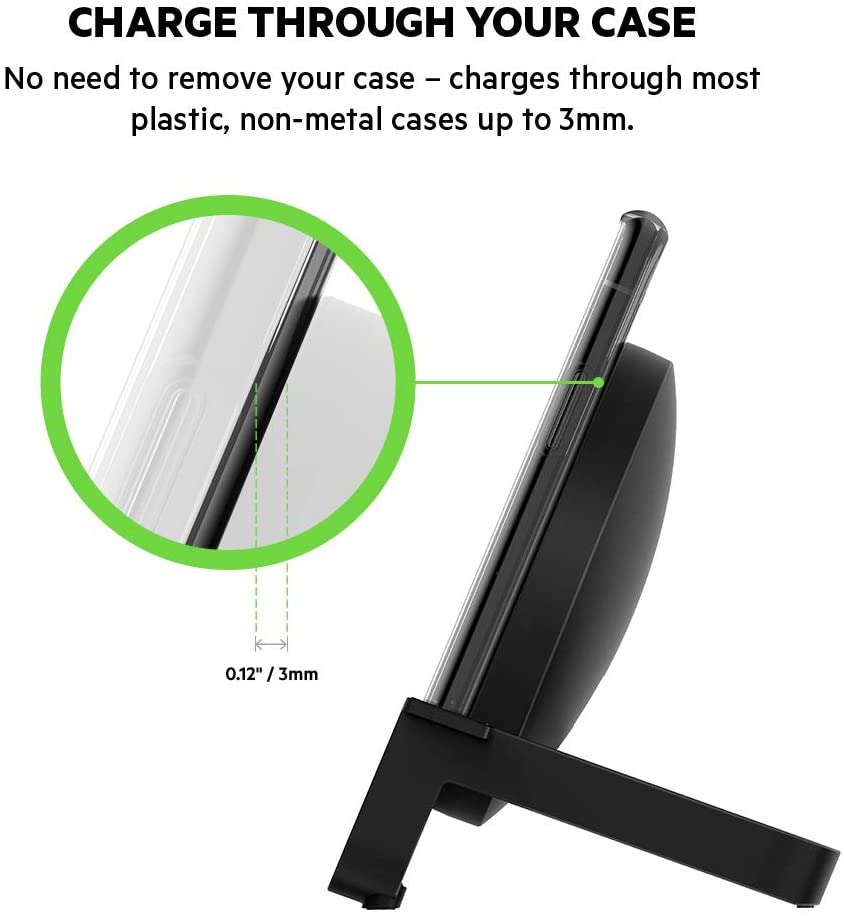 Belkin BoostCharge 10W Fast Wireless Charging Stand, Includes QuickCharge 3.0 Wall Charger and Cable, Case Compatible for iPhones, Galaxy, Pixel and Other Qi Enabled Devices (includes AC adapter)