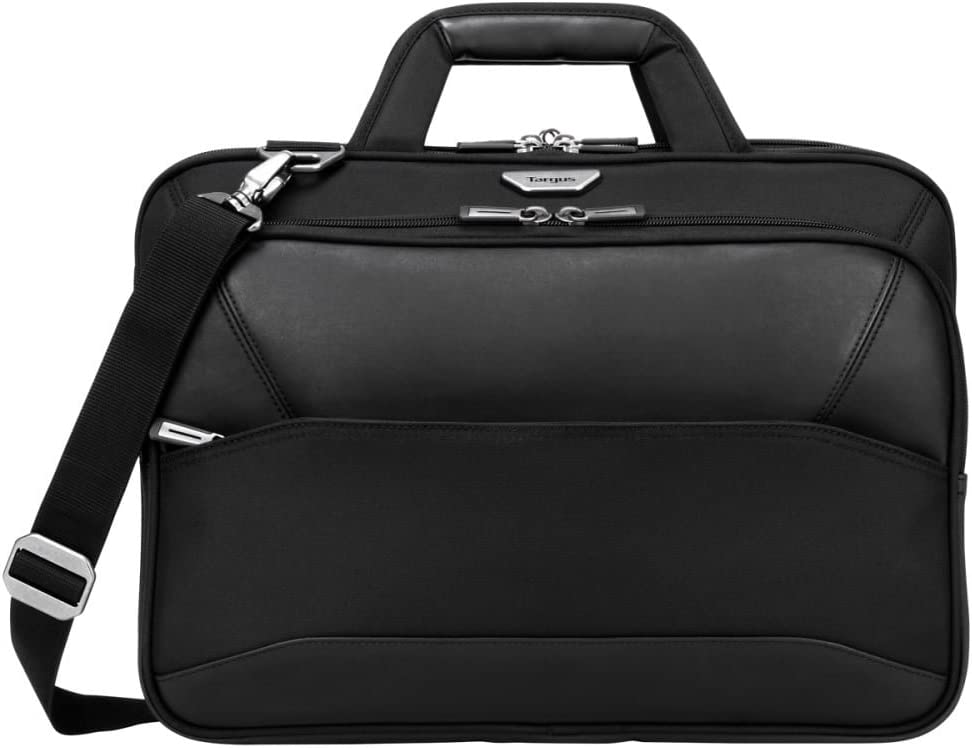 Targus Mobile-VIP Topload Shoulder Bag with Checkpoint-Friendly TSA Screening, Weather Resistant, Dual Main Compartments, Trolley Strap, SafePort Drop Protection for 15.6-Inch Laptop, Black (TBT264)