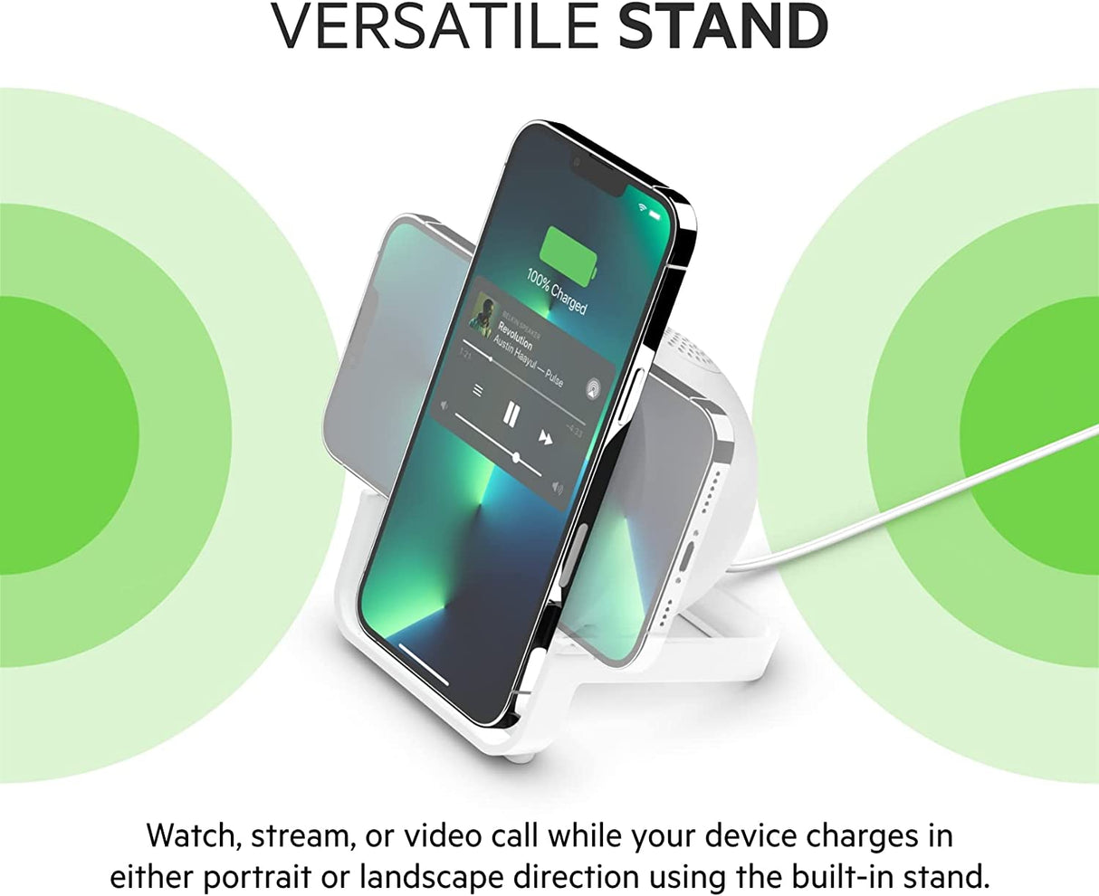 Belkin Wireless Charging Speaker (Wireless Charging Stand + Bluetooth Speaker Charger) Charge While Listening to Music, Streaming Videos, Video Calls, White (AUF001ttWH)