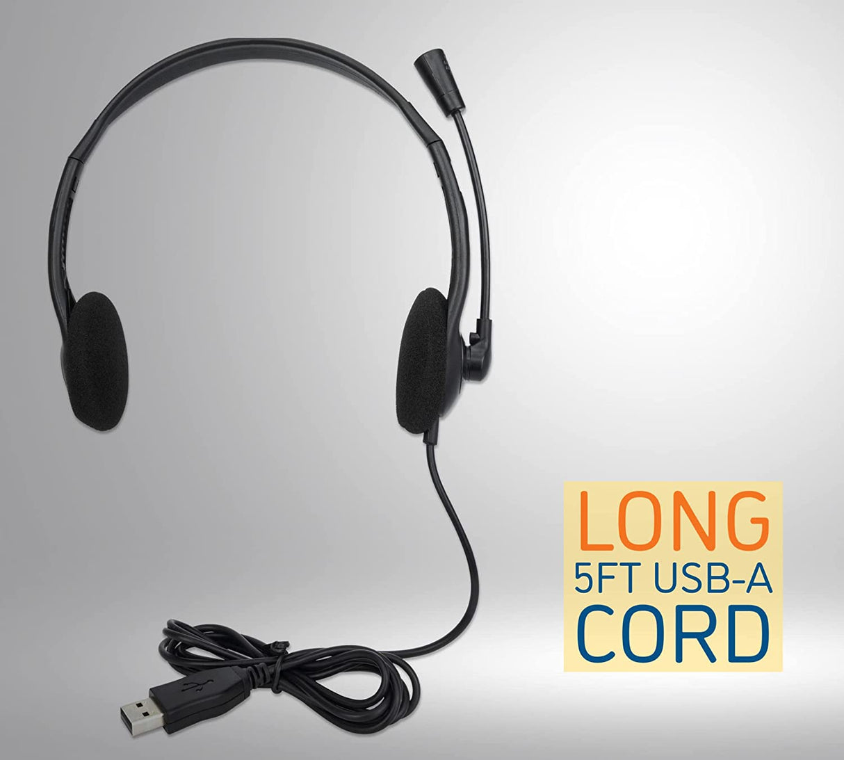 MANHATTAN USB Headset with Mic – Long 5 ft Cable Cord, Dual-Sided Padded On-Ear, Adjustable Headband – Non Reversible (Left Side Mic Use Only) - for Desktop, Laptop, Computer –3 Yr Mfg Warranty-179898