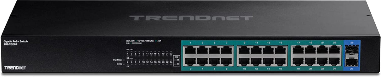 TRENDnet 26-Port Gigabit PoE+ Switch, 24 x 30W PoE+ Ports, 2 Gigabit SFP Slots, 380W PoE Budget, 52Gbps Switching Capacity, 1U 19” Rack Mountable, Lifetime Protection, Black, TPE-TG262