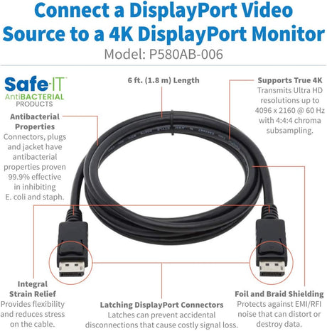 Tripp Lite Safe-IT DisplayPort Cable Antibacterial Latching Connectors 6ft (P580AB-006)