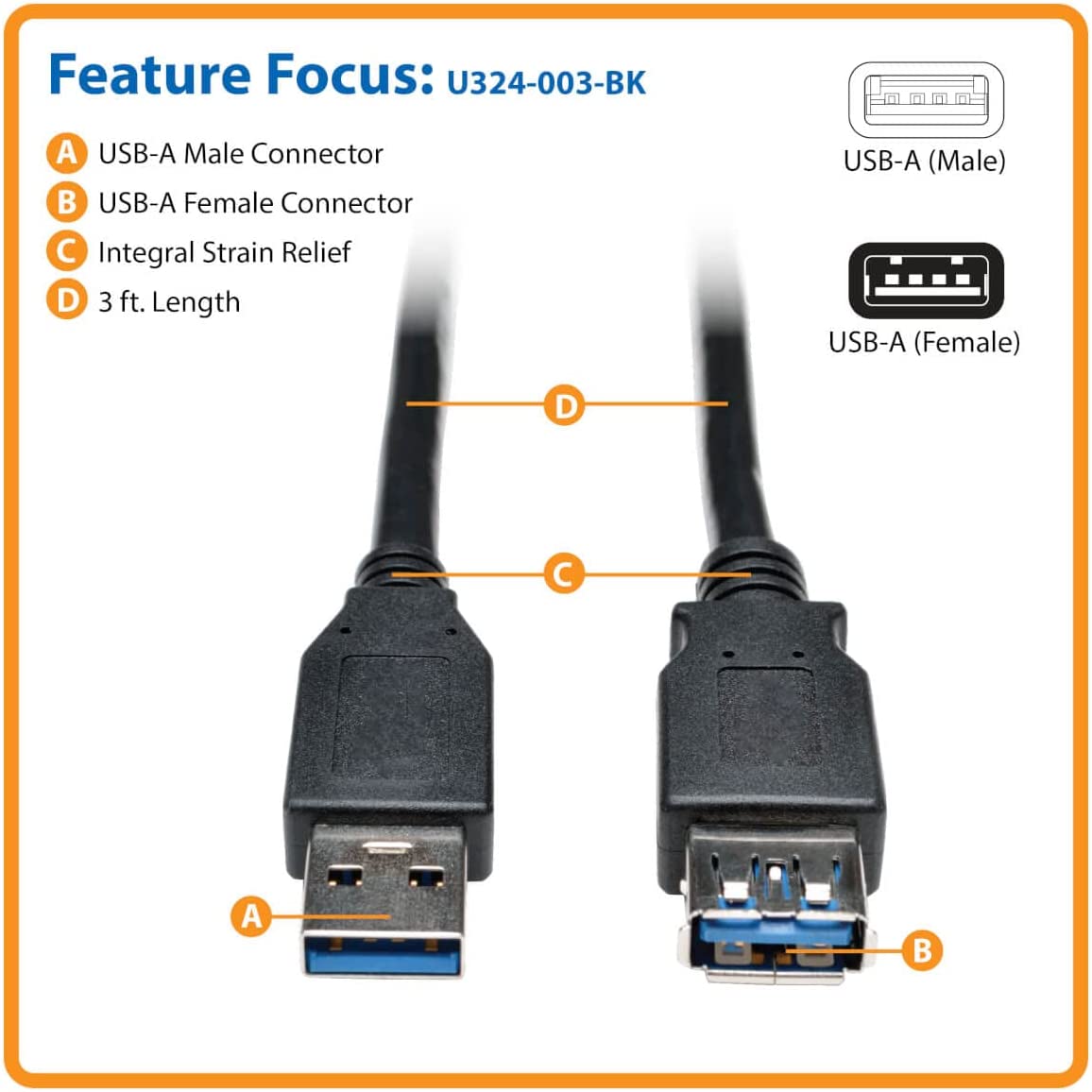 Tripp Lite USB Extension Cable USB 3.0 USB-A to USB-A SuperSpeed M/F Black 3ft (U324-003-BK)