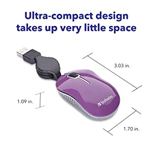 Verbatim Wired Optical Computer Mini USB-A Mouse - Plug & Play Corded Travel Mouse – Purple 98617 PURPLE USB-A