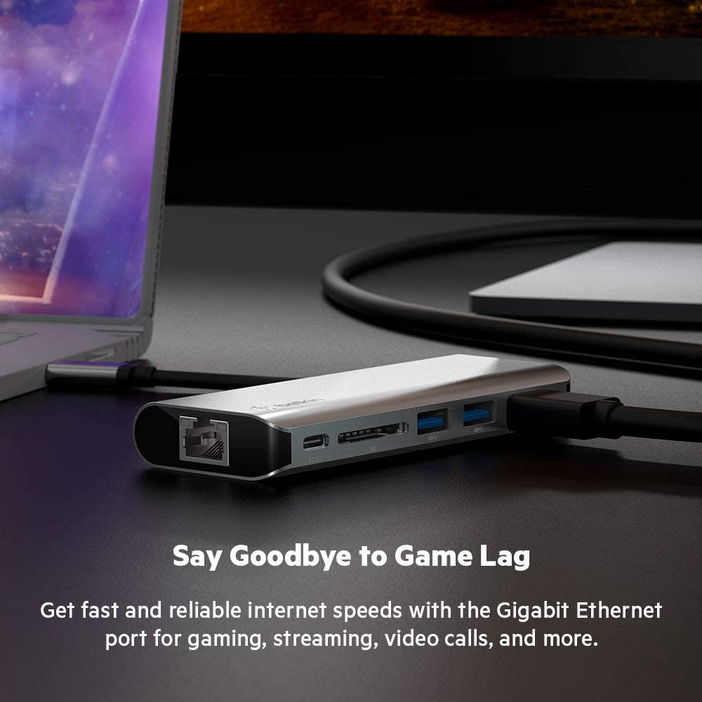 Belkin USB C Hub, 6-in-1MultiPortAdapter Dock with 4K HDMI, USB-C 100W PD Pass-Through Charging, 2 x USB A, Gigabit Ethernet Ports and SD Slot for MacBook Pro, Air, iPad Pro, XPS and More