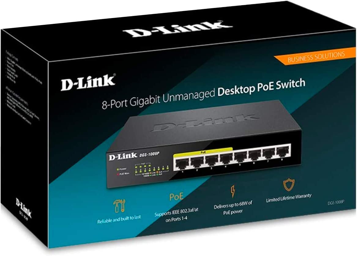 D-Link PoE Switch, 8 Port Ethernet Gigabit Unmanaged Desktop Switch with 4 PoE Ports 68W Budget (DGS-1008P),Black 8-Port PoE Gigabit