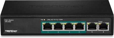 TRENDnet 6-Port Fast Ethernet PoE+ Switch, 4 x Fast Ethernet PoE Ports, 2 x Fast Ethernet Ports, 60W PoE Budget, 1.2 Gbps Switch Capacity, Metal, Lifetime Protection, Black, TPE-S50