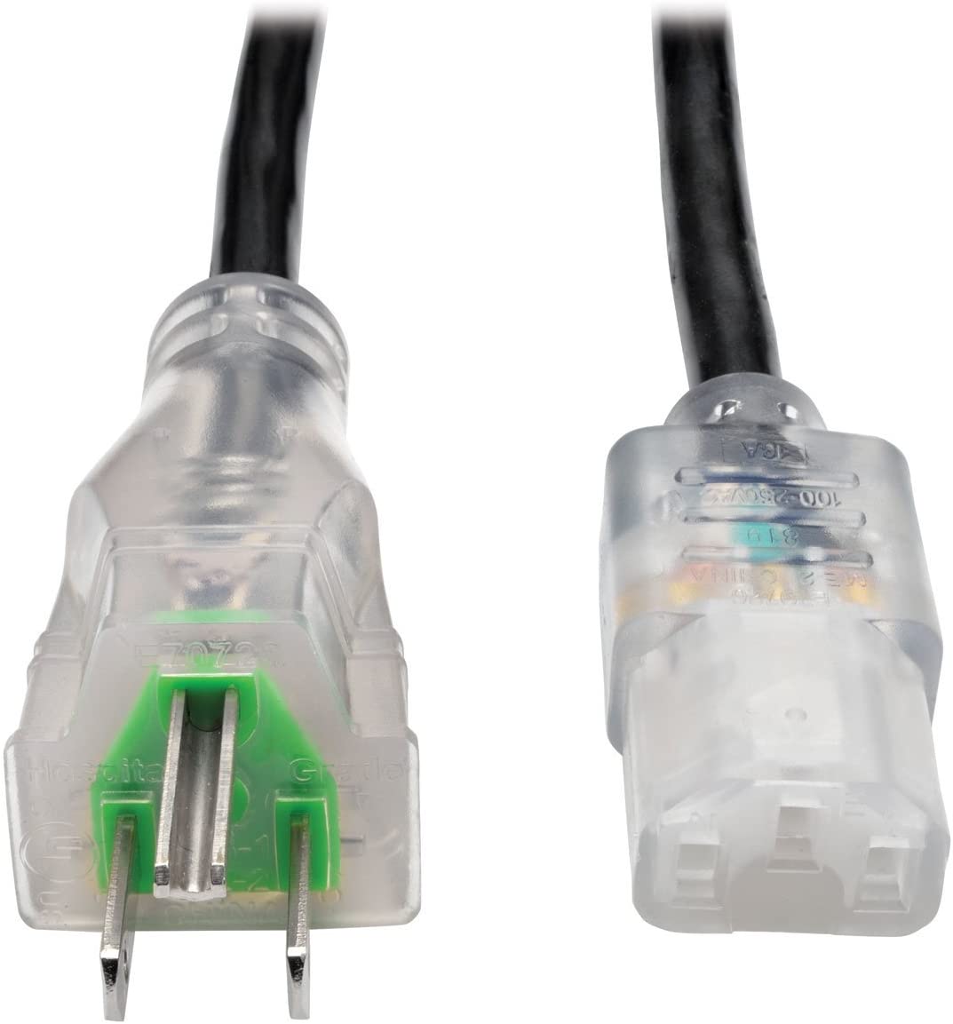 Tripp Lite Hospital Medical Power Cord, 13A, 16AWG, 5-15P to C13, Clear, 3' (P006-003-HG13CL) 3 ft. 13A Clear