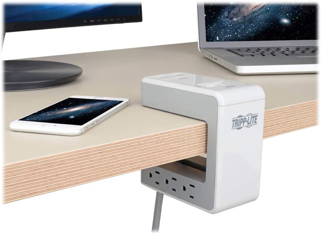 TRIPP LITE Protect It! 6-Outlet Surge Protector Desk Clamp with 2 USB Ports & 1 USB-C Port, 8ft Cord (TLP648USBC) Gray 5.2" x 2.7" x 5.3" Desk Clamp