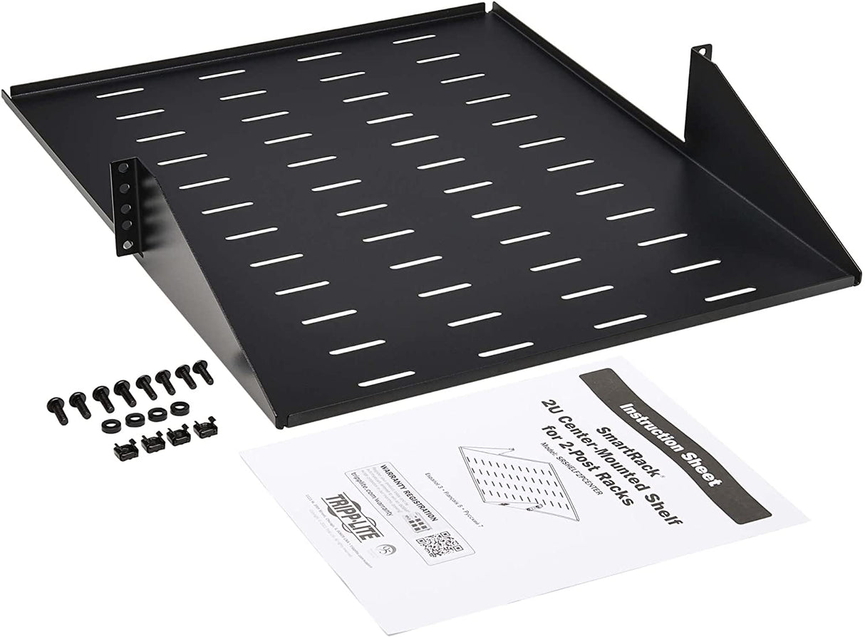 Tripp Lite 2U Center-Mounted Server Rack Enclosure Shelf, Vented Airflow Design, Mount Hardware Included, 21.5 inch Depth, 100 lbs / 45 kg Capacity, 5-Year Warranty (SRSHELF2PCENTER) 21.5" 2U Center-Mounted
